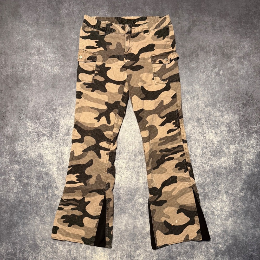 Y2K Yountique Womens Camo Cargo Pants Size 5 Low Rise Flare Ripstop Camouflage